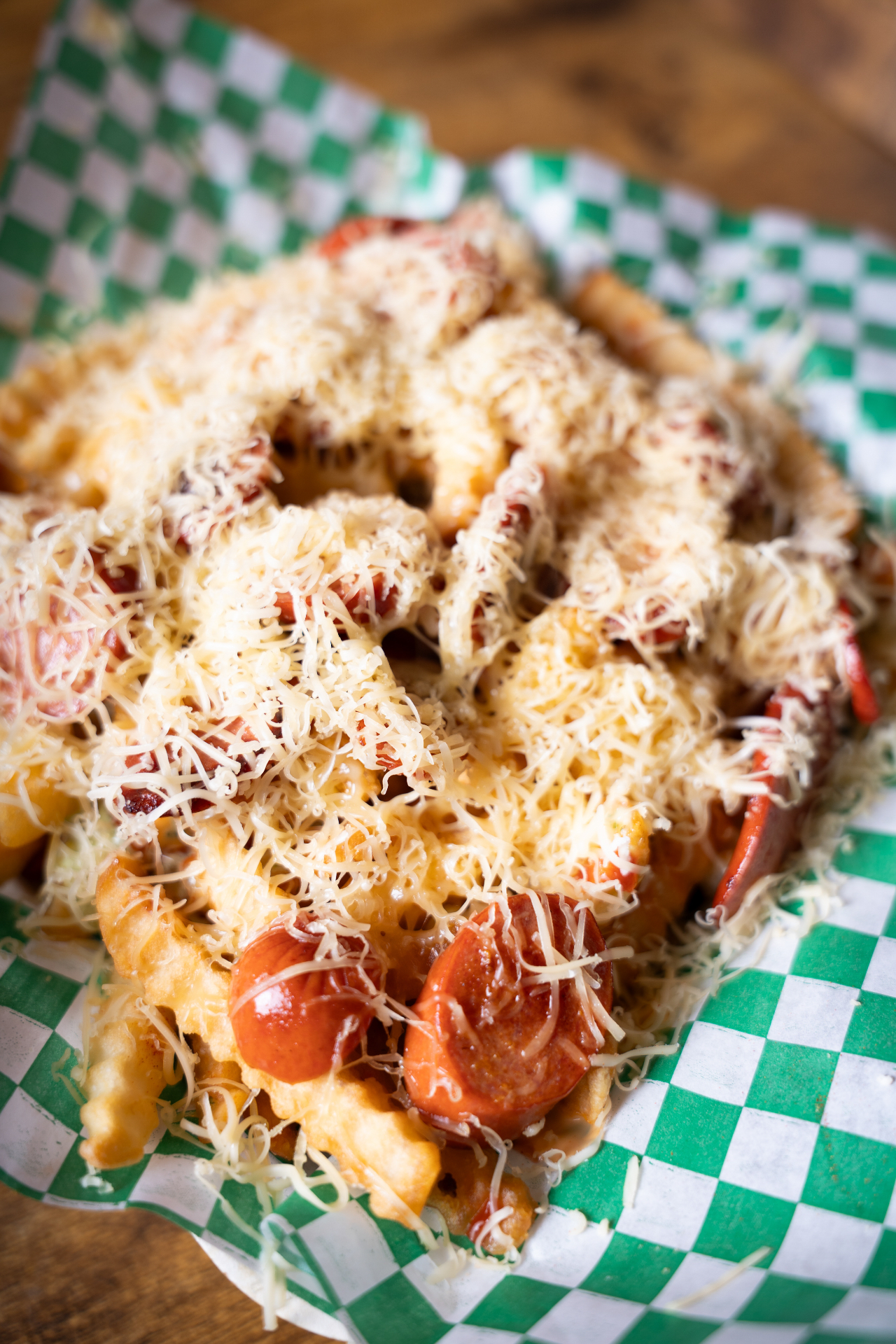 Loaded savory fries with cheese and sausage